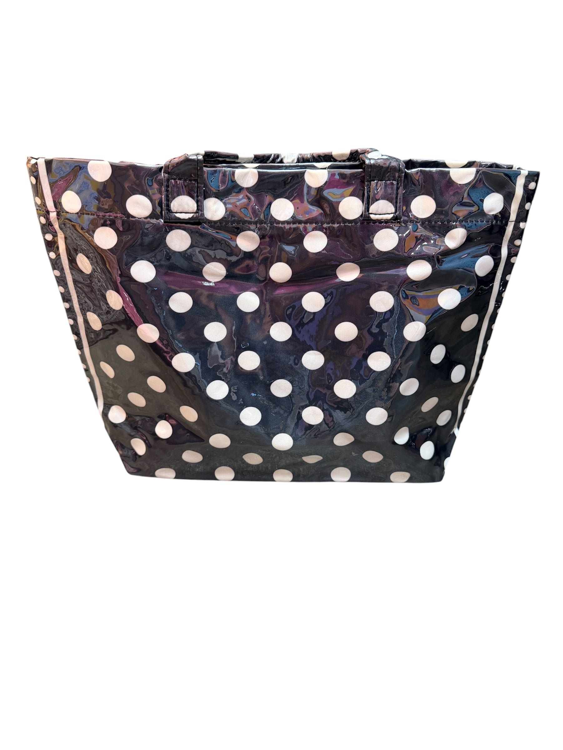 Black PVC tote bag with white polka dots, sturdy handles, interior pockets, and Velcro closure.