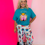Teal bug graphic tee with rhinestone jeweled collar