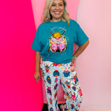 Teal bug graphic tee with rhinestone jeweled collar
