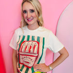Pink & Green Stripe Sardine Tee with cream base, red sardine graphics, and rhinestone embellishments