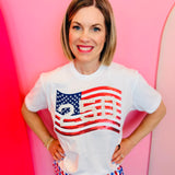 White tee with red white and blue sequin American flag patch
