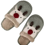Blue grey reindeer slippers with plush fabric, fuzzy interior, and festive holiday design.