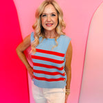 Light blue sleeveless knit top with red stripes and gold side buttons.