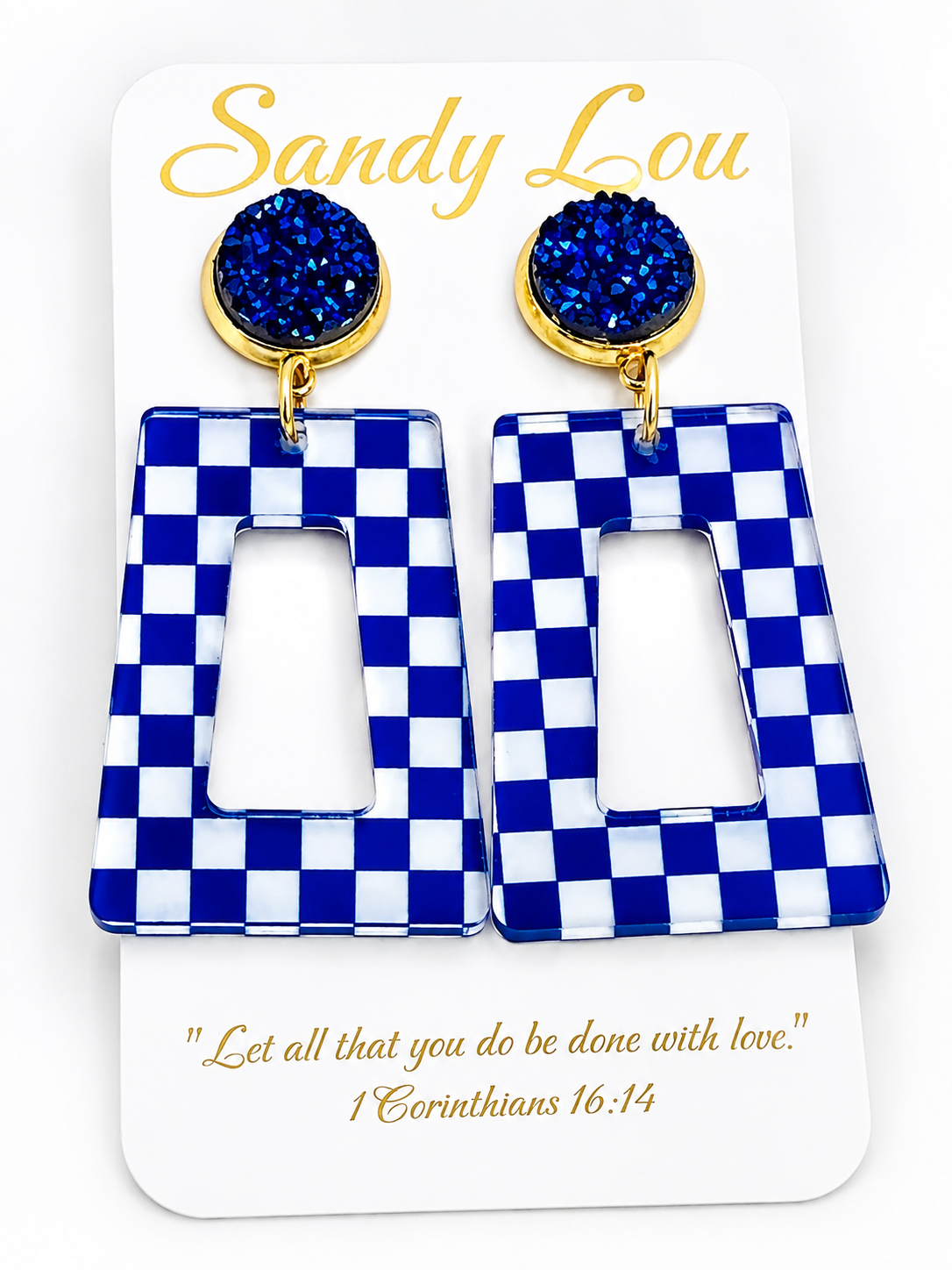 Blue and white checkered geometric drop earrings with sparkling blue druzy-style studs.