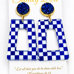 Blue and white checkered geometric drop earrings with sparkling blue druzy-style studs.