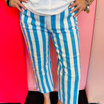 Blue and white striped high rise pants with straight leg fit