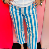 Blue and white striped high rise pants with straight leg fit
