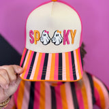 Cream Halloween hat with colorful SPOOKY embroidery, ghosts, bows, and multicolor striped bill.