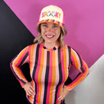 Sheer striped mesh top with hot pink, light pink, orange, and black Halloween colors.