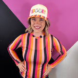 Sheer striped mesh top with hot pink, light pink, orange, and black Halloween colors.