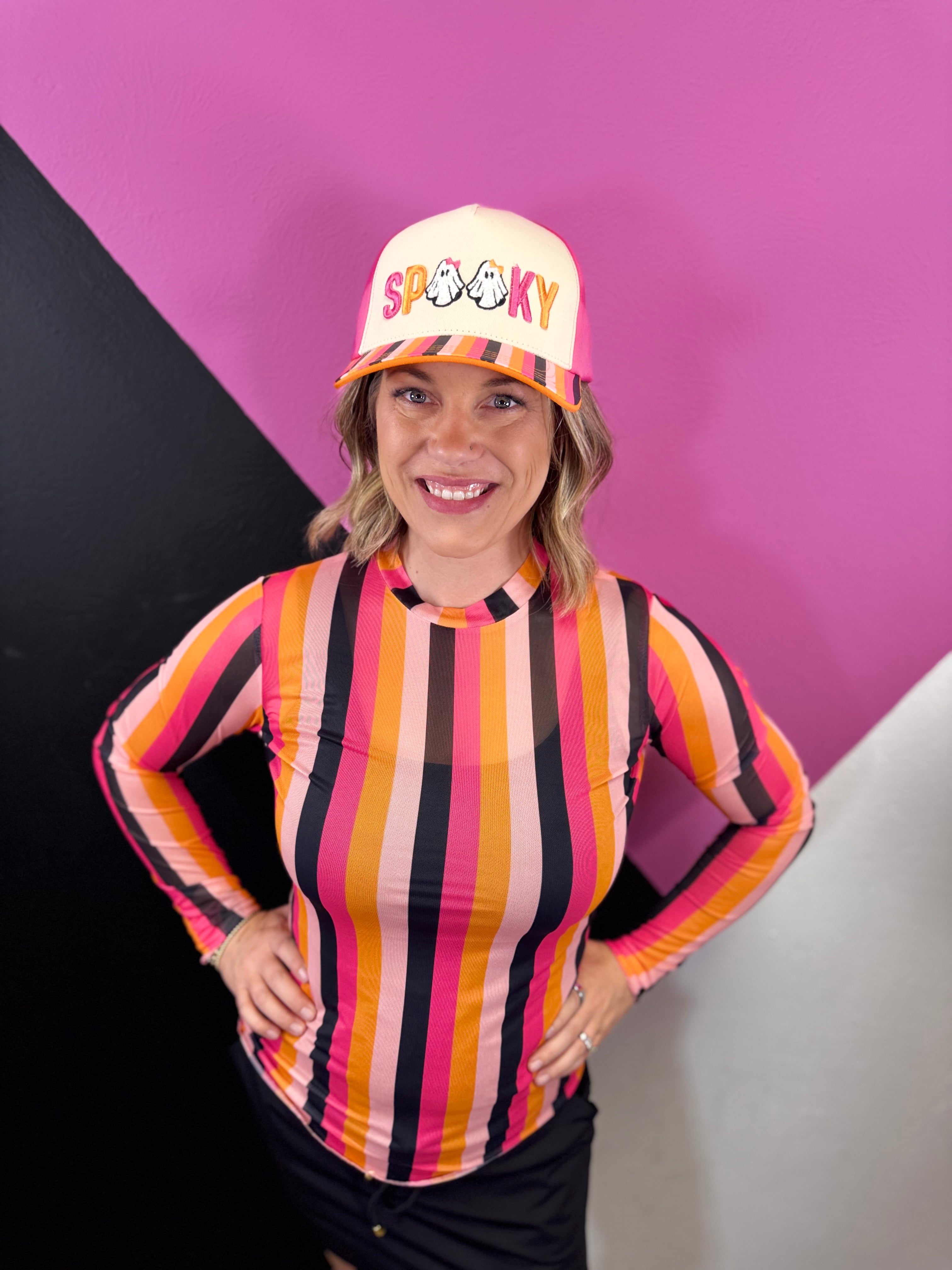 Sheer striped mesh top with hot pink, light pink, orange, and black Halloween colors.
