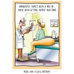 Funny birthday card with doctor joking about “Butox injections” and matching humorous inside message.