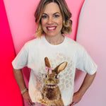 Leopard background bunny tee with pink rhinestone glasses and jewelry.