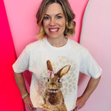 Leopard background bunny tee with pink rhinestone glasses and jewelry.