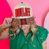 Boujee cap with 3D embroidery, leopard print accents, red and green colors.
