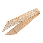 Brown scarf tie with white polka dots and subtle bandana design, doubles as a purse twilly.