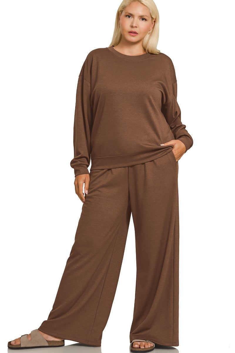 Brown Scuba Pullover & Pants Set, plus size, stretch knit with relaxed fit for comfort and style.