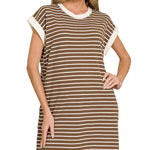 Brown and white striped tee dress with contrast neckline and cap sleeves