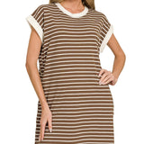 Brown and white striped tee dress with contrast neckline and cap sleeves