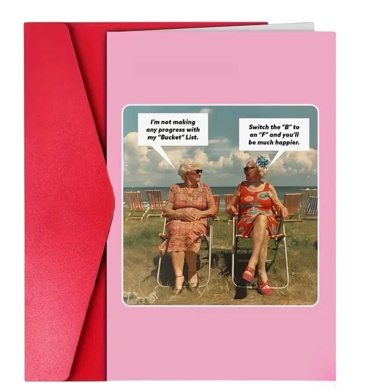 Pink vintage greeting card with funny Bucket List adult humor quote.