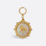 Gold bulldog medallion charm with textured silver background, crystal accents, and ring clasp for scarves or jewelry.