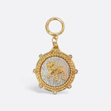 Gold bulldog medallion charm with textured silver background, crystal accents, and ring clasp for scarves or jewelry.