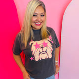 Charcoal bulldog tee with pink star eyes and scattered stars