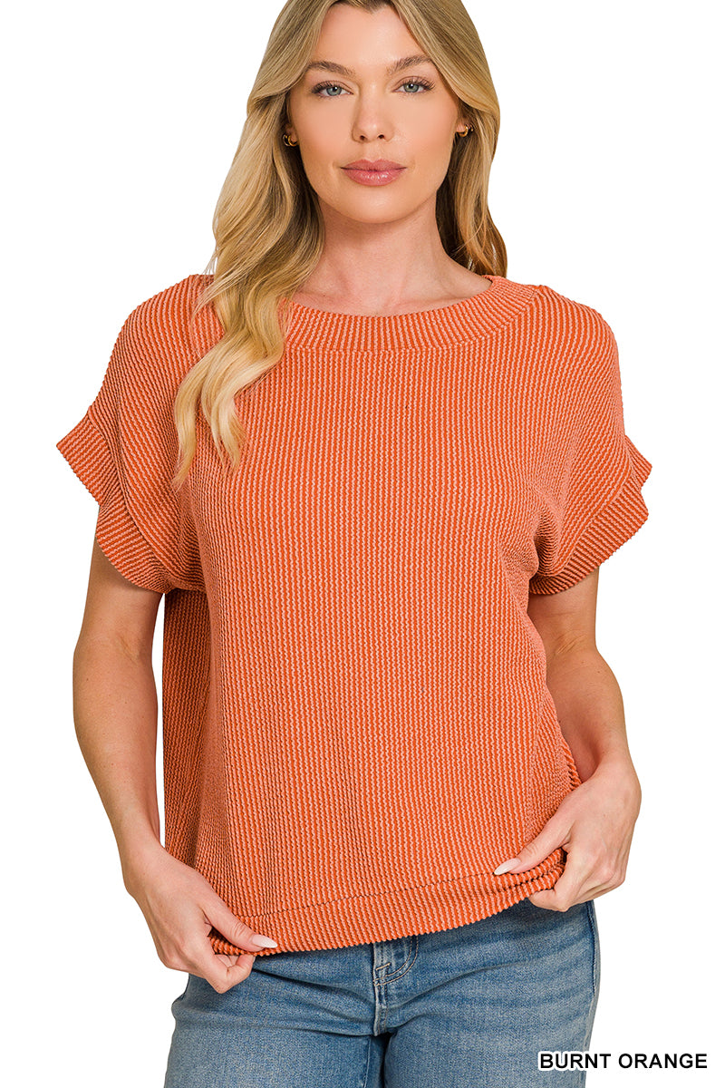 Burnt orange raised rib knit top with cap sleeves and boat neckline.