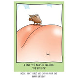 Funny Butt Ox birthday card with cartoon ox standing on cartoon cheeks and humorous message.