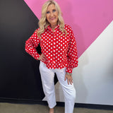 Red & White Polka Dot Ruffle Hem Top