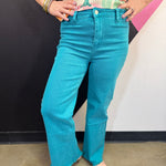 Zenana teal acid wash wide leg jeans with frayed cutoff hem.