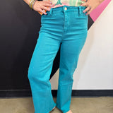 Zenana teal acid wash wide leg jeans with frayed cutoff hem.
