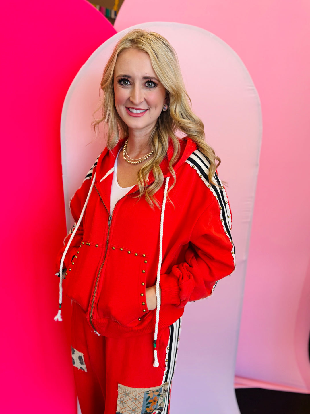 Red Studded Zipper Hoodie Sweatshirt