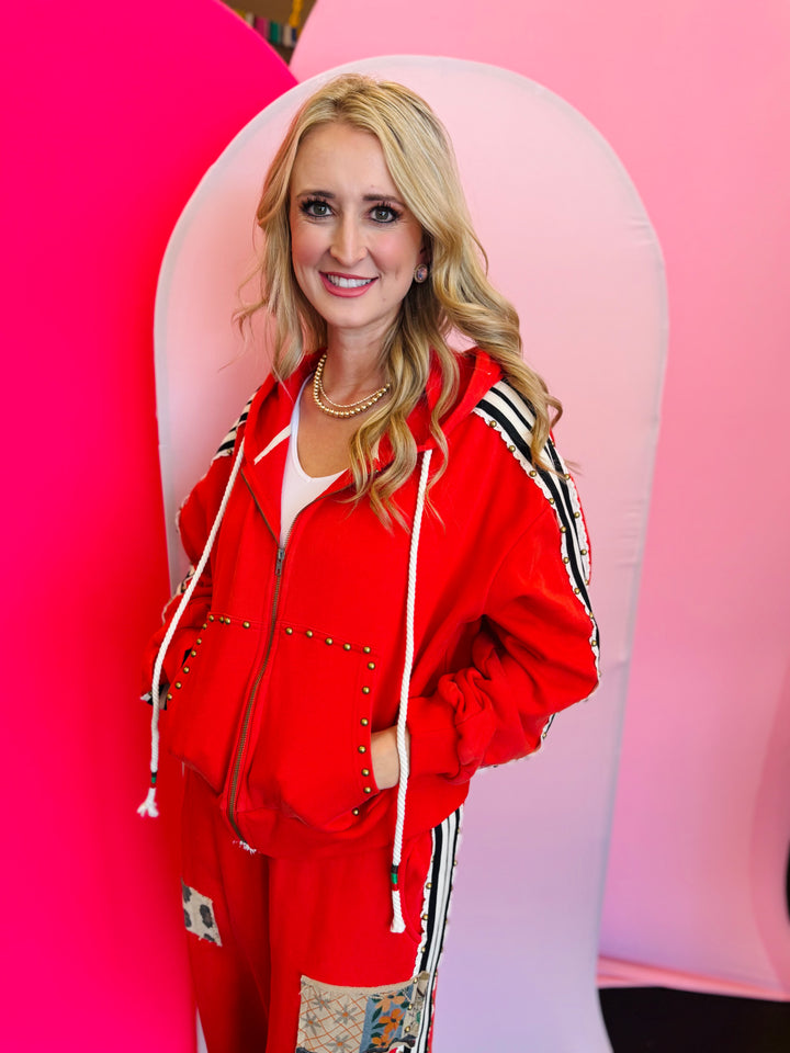 Red Studded Zipper Hoodie Sweatshirt