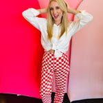 Red Demi Checkered Jeans, high-waist with a wide-leg