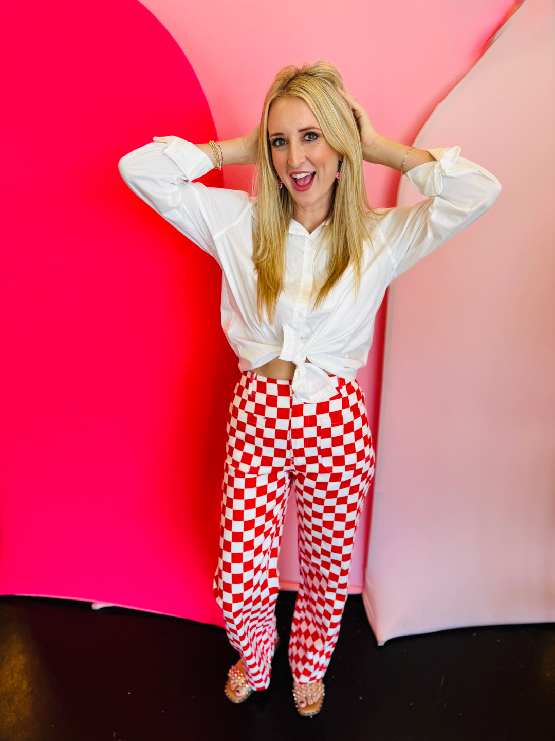Red Demi Checkered Jeans, high-waist with a wide-leg