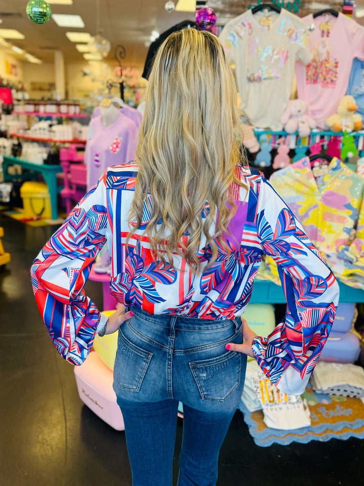 Blue Abstract Print Surplice Crop Blouse