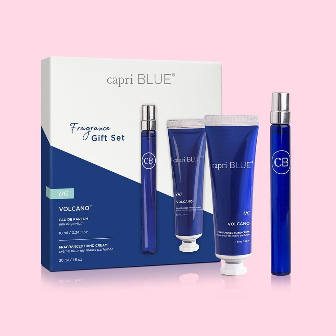 Volcano Fragrance Gift Set – includes 0.34oz Eau de Parfum and 1oz Mini Hand Cream in tropical citrus scent.