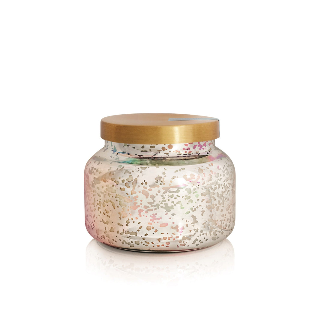 Volcano Signature Jar Candle in a shimmering mercury iridescent glass container, featuring tropical fruit and sugared citrus scent for a luxurious home fragrance experience.