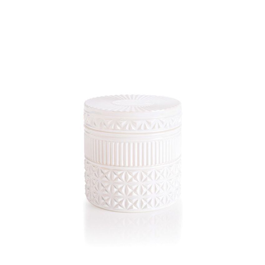 White Opal Gilded Faceted Jar Candle with iridescent finish, featuring the iconic Volcano tropical citrus fragrance