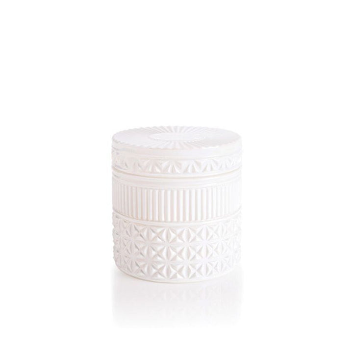 White Opal Gilded Faceted Jar Candle with iridescent finish, featuring the iconic Volcano tropical citrus fragrance