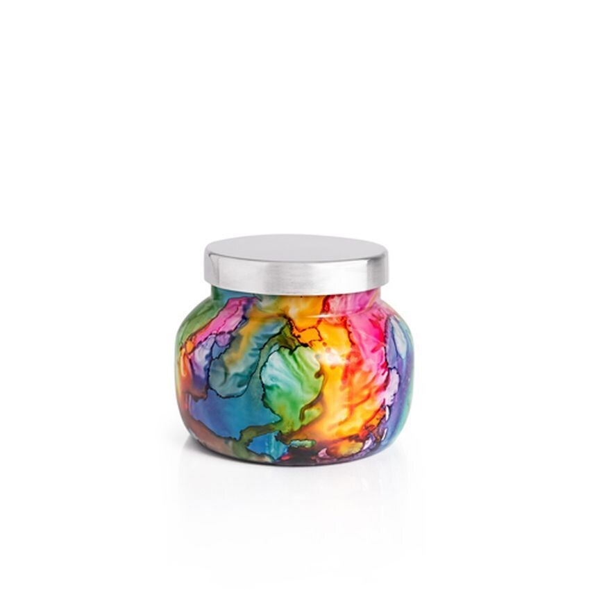 8oz Volcano Petite Rainbow Watercolor Jar candle with tropical citrus scent and eco-friendly wax in a colorful, decorative glass jar.