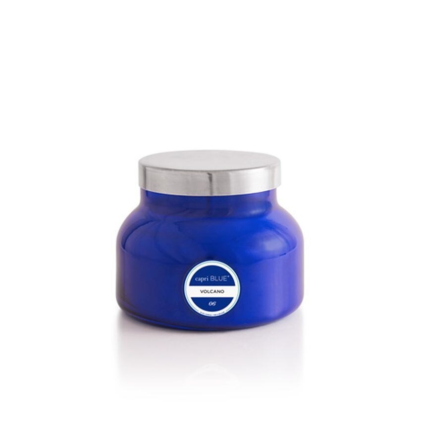 Capri Blue Volcano Signature 19 oz cobalt blue jar candle with tropical fruit and sugared citrus fragrance.