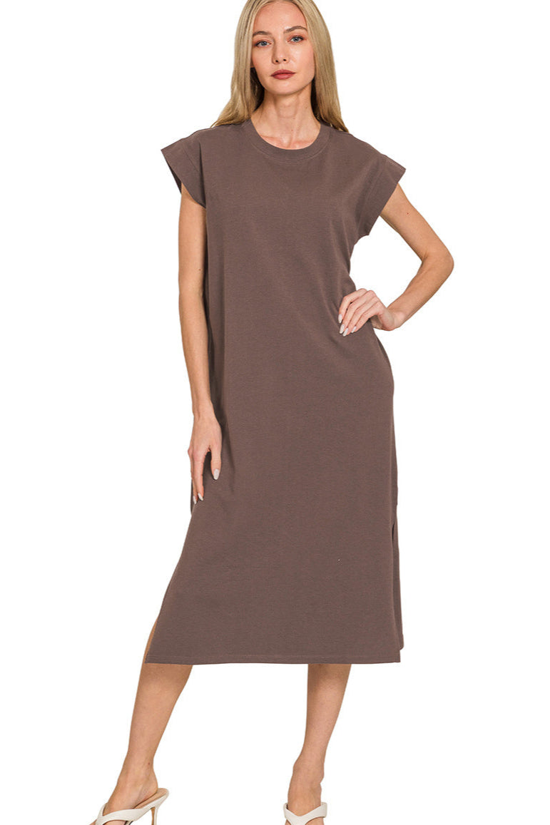 Mahogany midi dress with short sleeves, round neckline, and side slit.