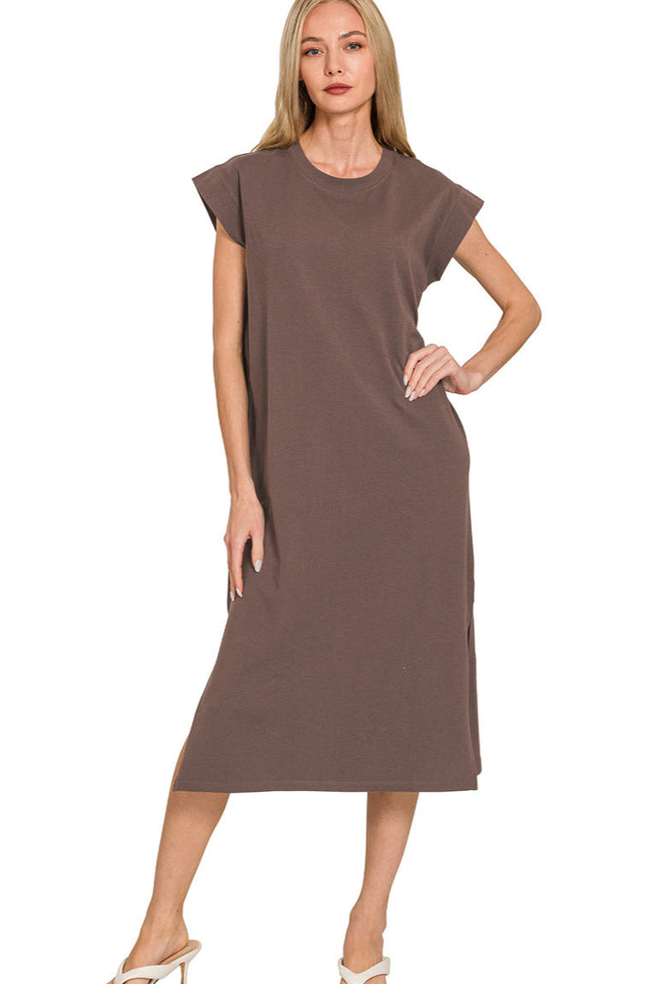 Mahogany midi dress with short sleeves, round neckline, and side slit.