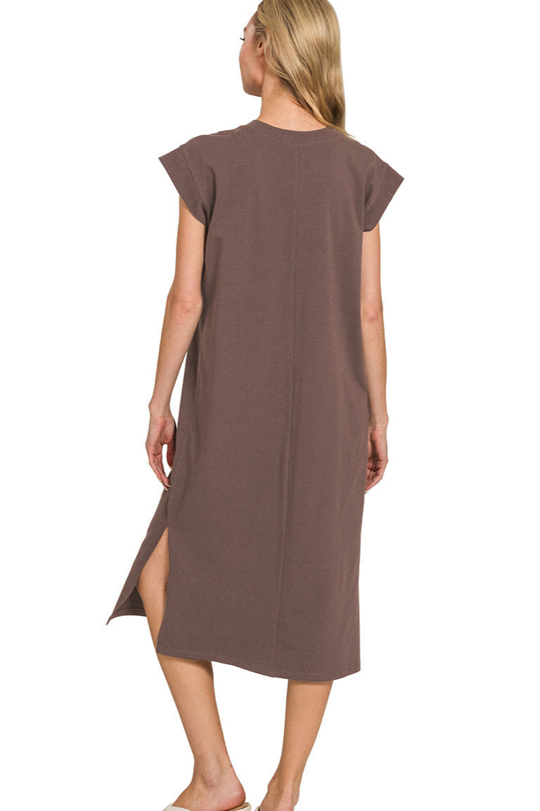 Mahogany midi dress with short sleeves, round neckline, and side slit.
