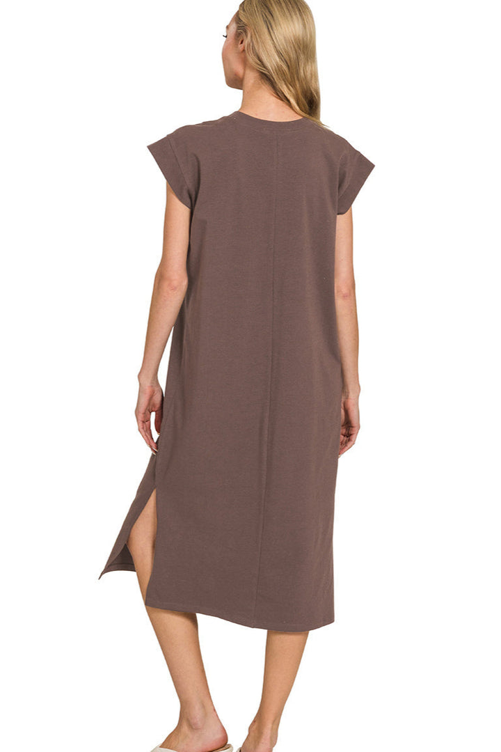 Mahogany midi dress with short sleeves, round neckline, and side slit.