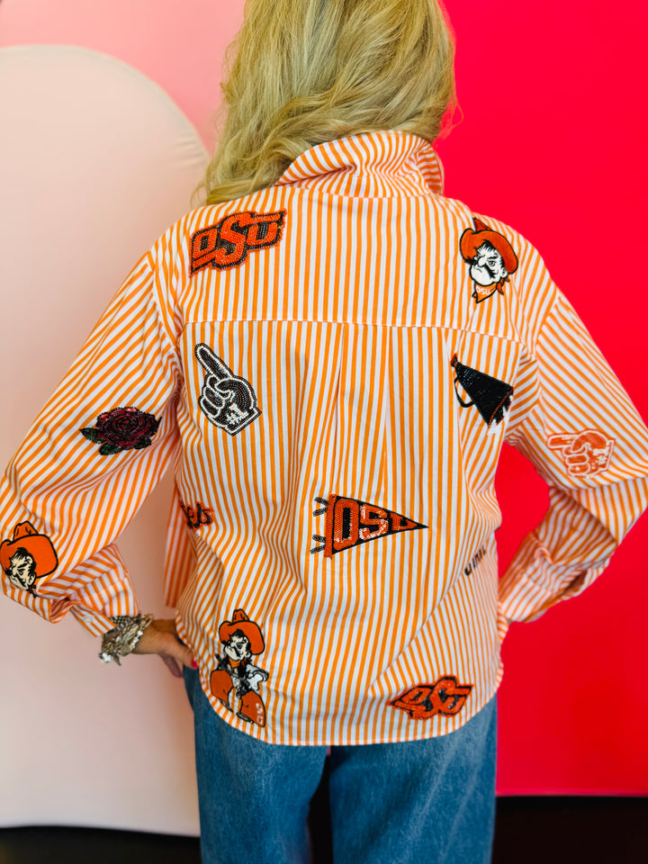 Back side of Queen Of Sparkles orange and white striped icon Oklahoma State University game day blouse.