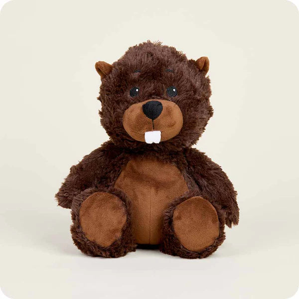 Plush beaver Warmies, microwavable, lavender-scented, and weighted for soothing warmth and comfort.