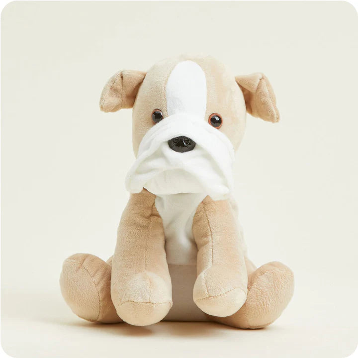 A soft, plush bulldog toy with characteristic wrinkles and a friendly expression, designed to be microwavable.